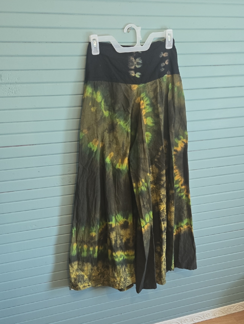 Shop Therapy Black Tie-Dye Palazzo Pants with Green & Yellow Accents